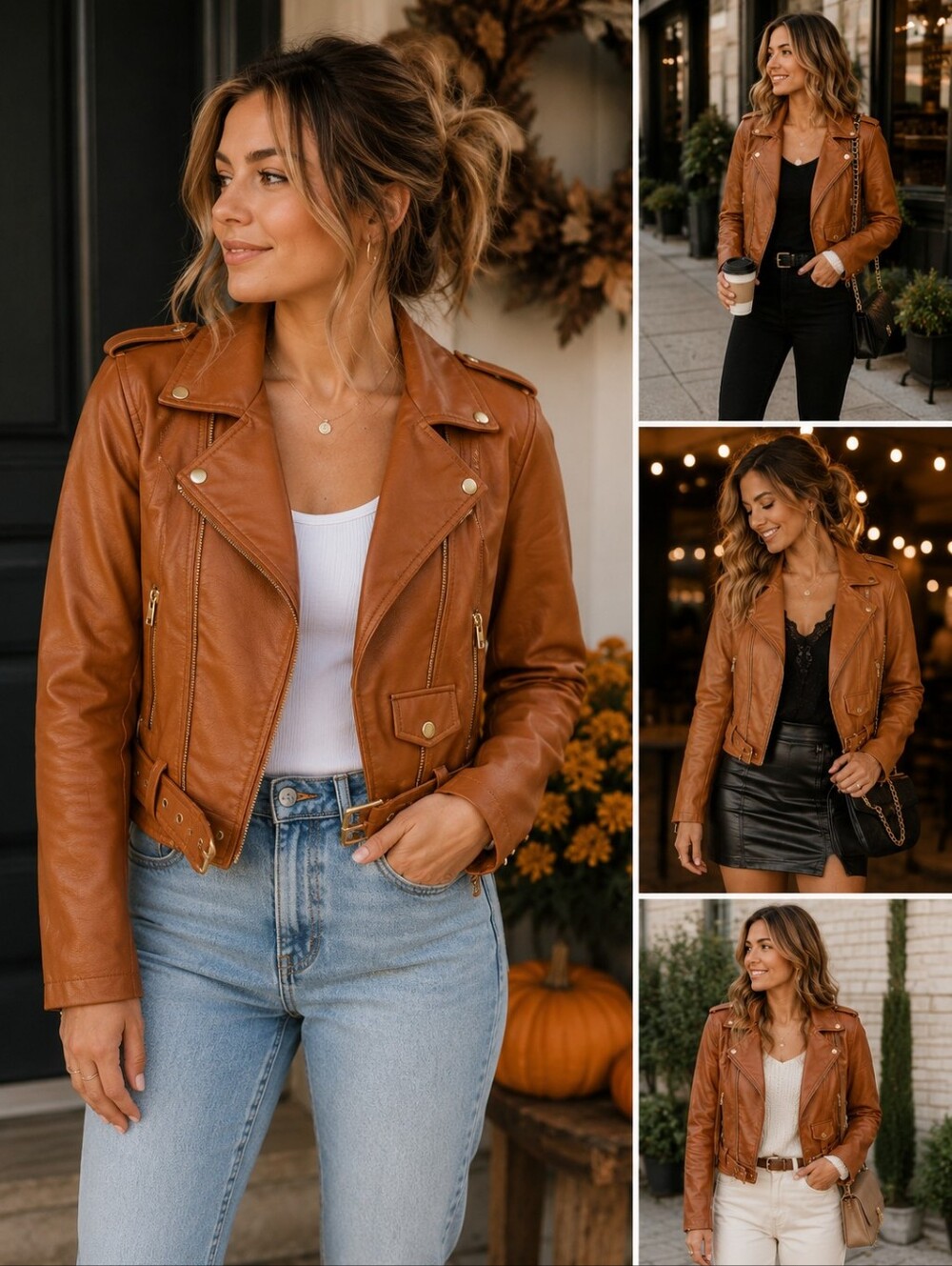 GBG Los Angeles Cognac Faux Leather Moto Biker Jacket Belted Gold Hardware